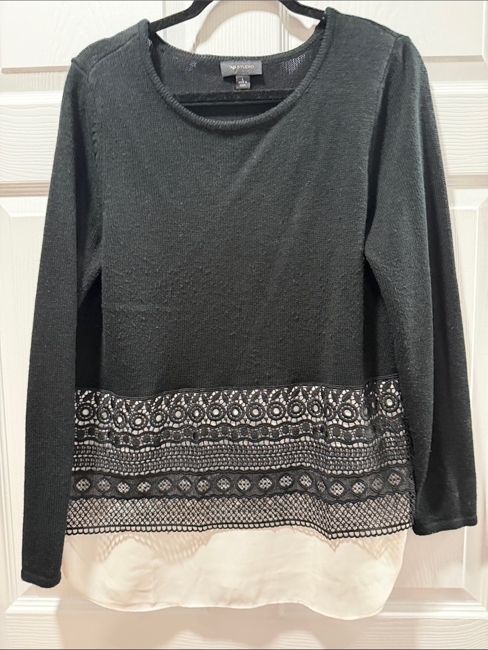 AB Studio Black Long Sleeve Top with Cream Hem and Lace Trim